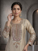 Beige pakistani style chanderi silk salwar suit with pink dupatta