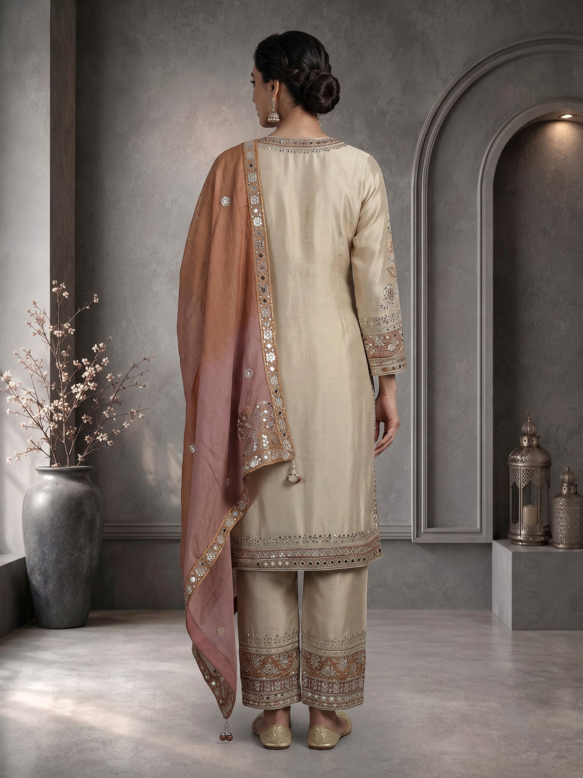 Beige pakistani style chanderi silk salwar suit with pink dupatta