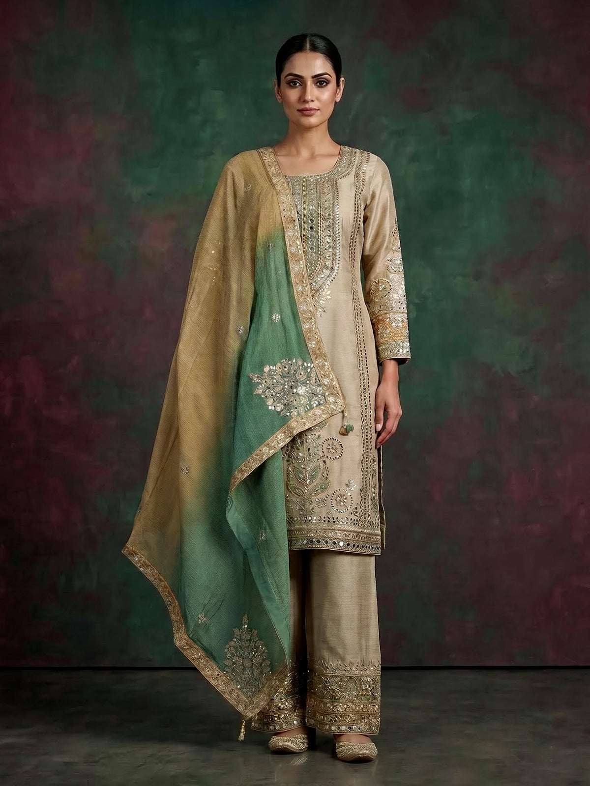 Beige chanderi silk salwar suit with green shaded dupatta