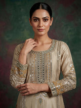 Beige chanderi silk salwar suit with green shaded dupatta