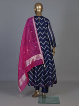 Navy blue silk blend anarkali salwar with dupatta
