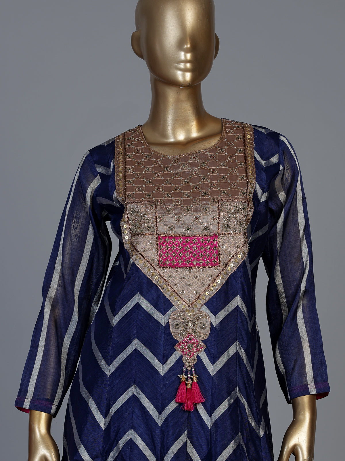 Navy blue silk blend anarkali salwar with dupatta