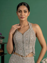 Beige georgette designer palazzo suit with embellished dupatta