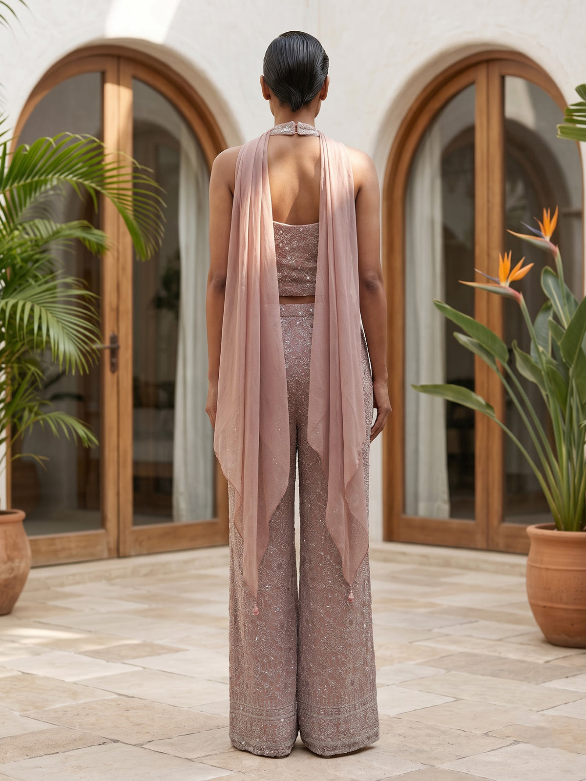 Pink georgette designer palazzo suit with embellished dupatta