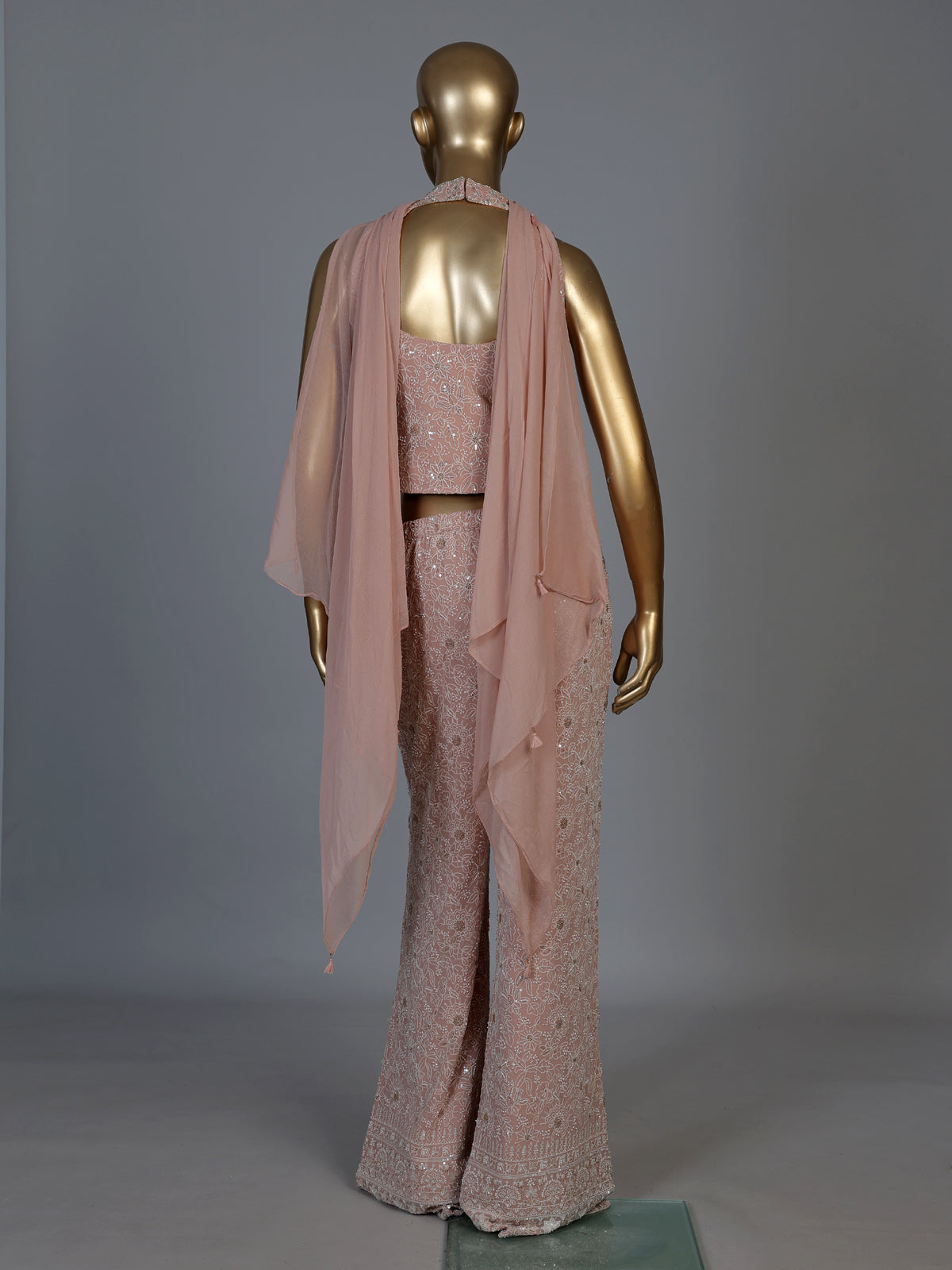 Pink georgette designer palazzo suit with embellished dupatta