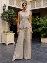 Cream tissue silk designer palazzo suit with embellished dupatta