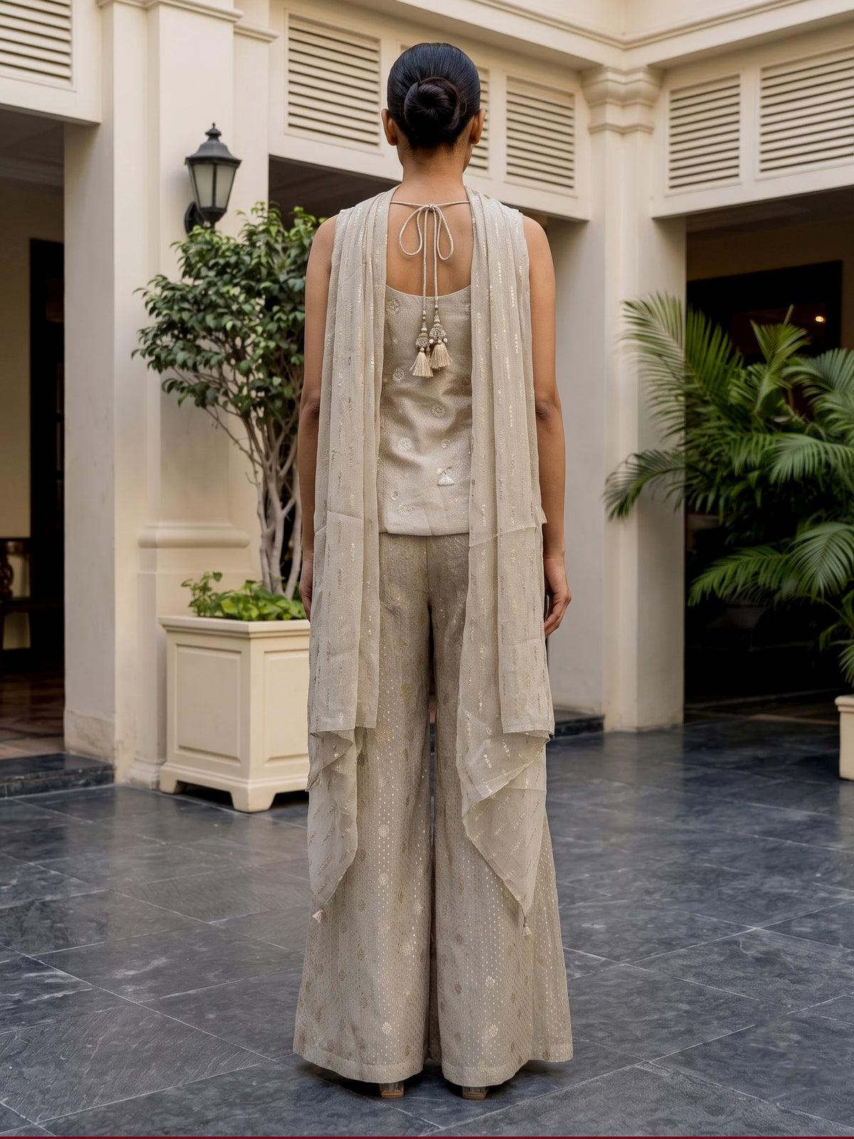Cream tissue silk designer palazzo suit with embellished dupatta