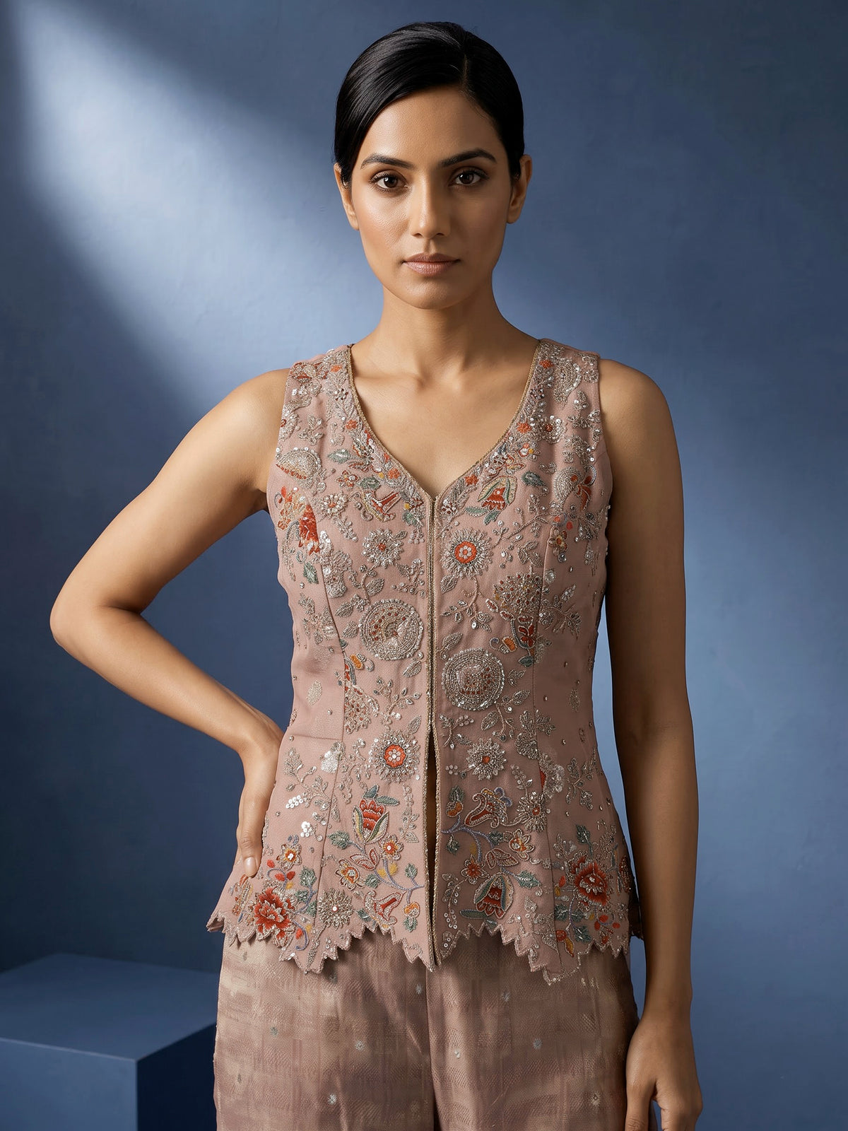Onion pink tissue silk designer palazzo suit with elegant dupatta