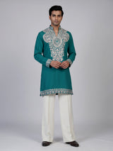 Teal blue silk blend mens kurta pajama with zardosi work