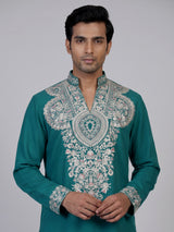 Teal blue silk blend mens kurta pajama with zardosi work