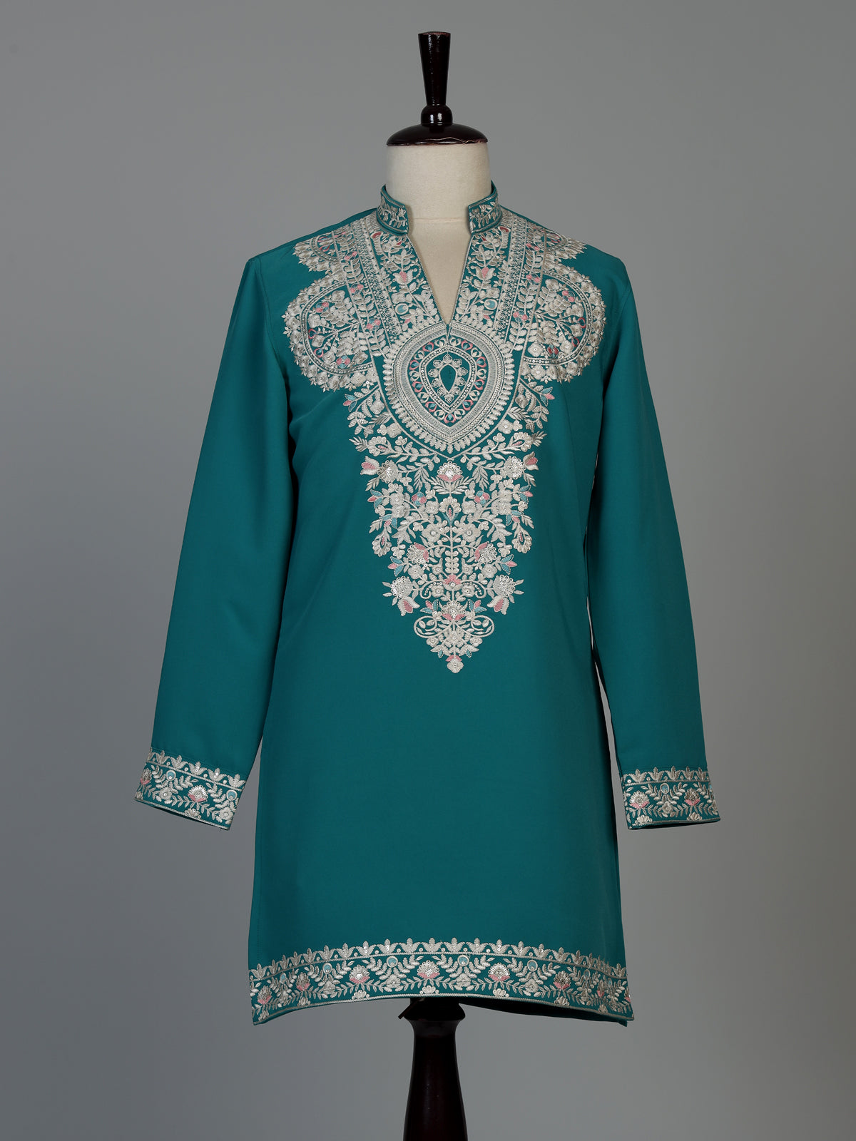 Teal blue silk blend mens kurta pajama with zardosi work