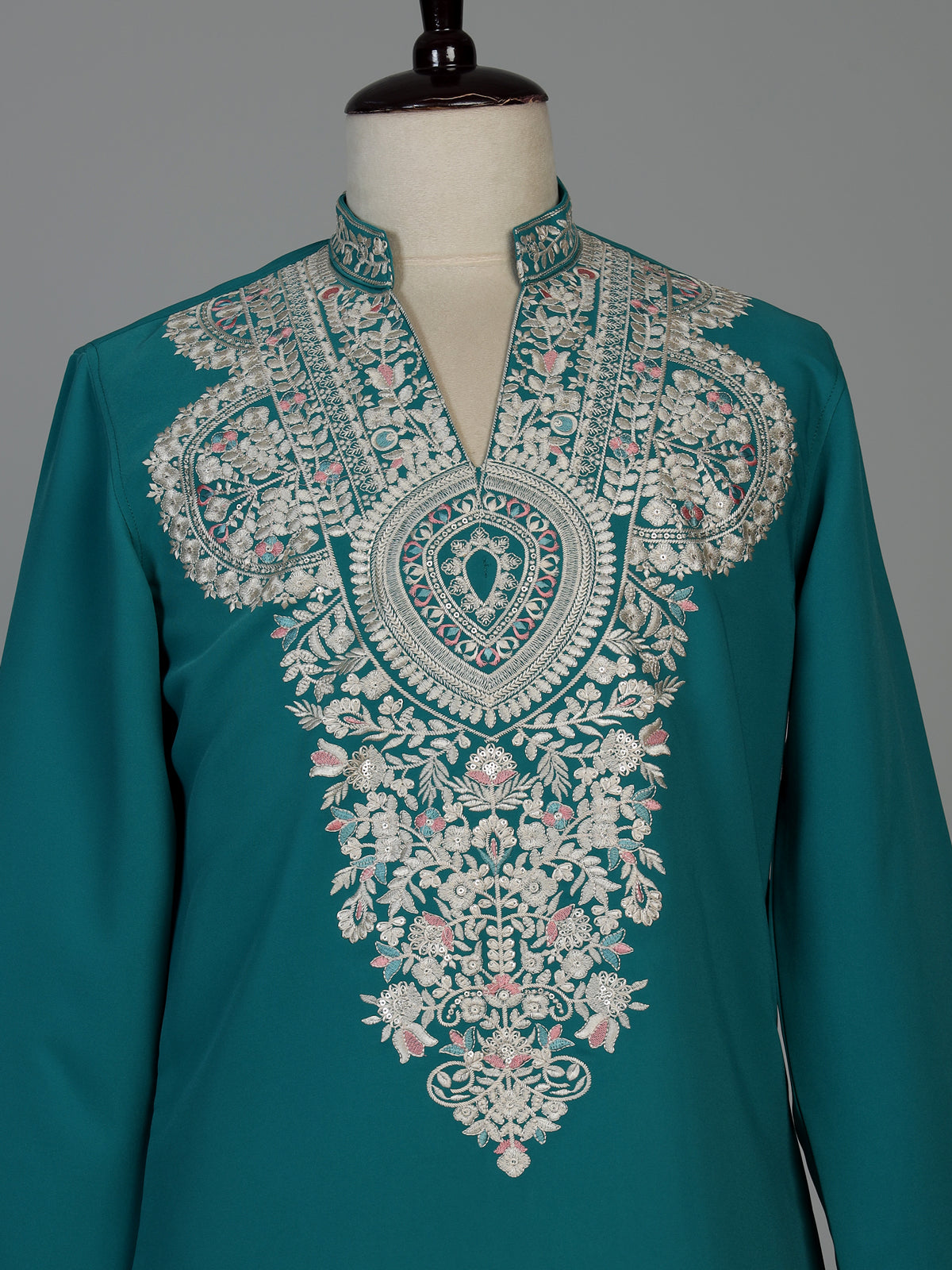 Teal blue silk blend mens kurta pajama with zardosi work