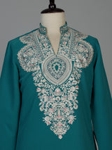 Teal blue silk blend mens kurta pajama with zardosi work