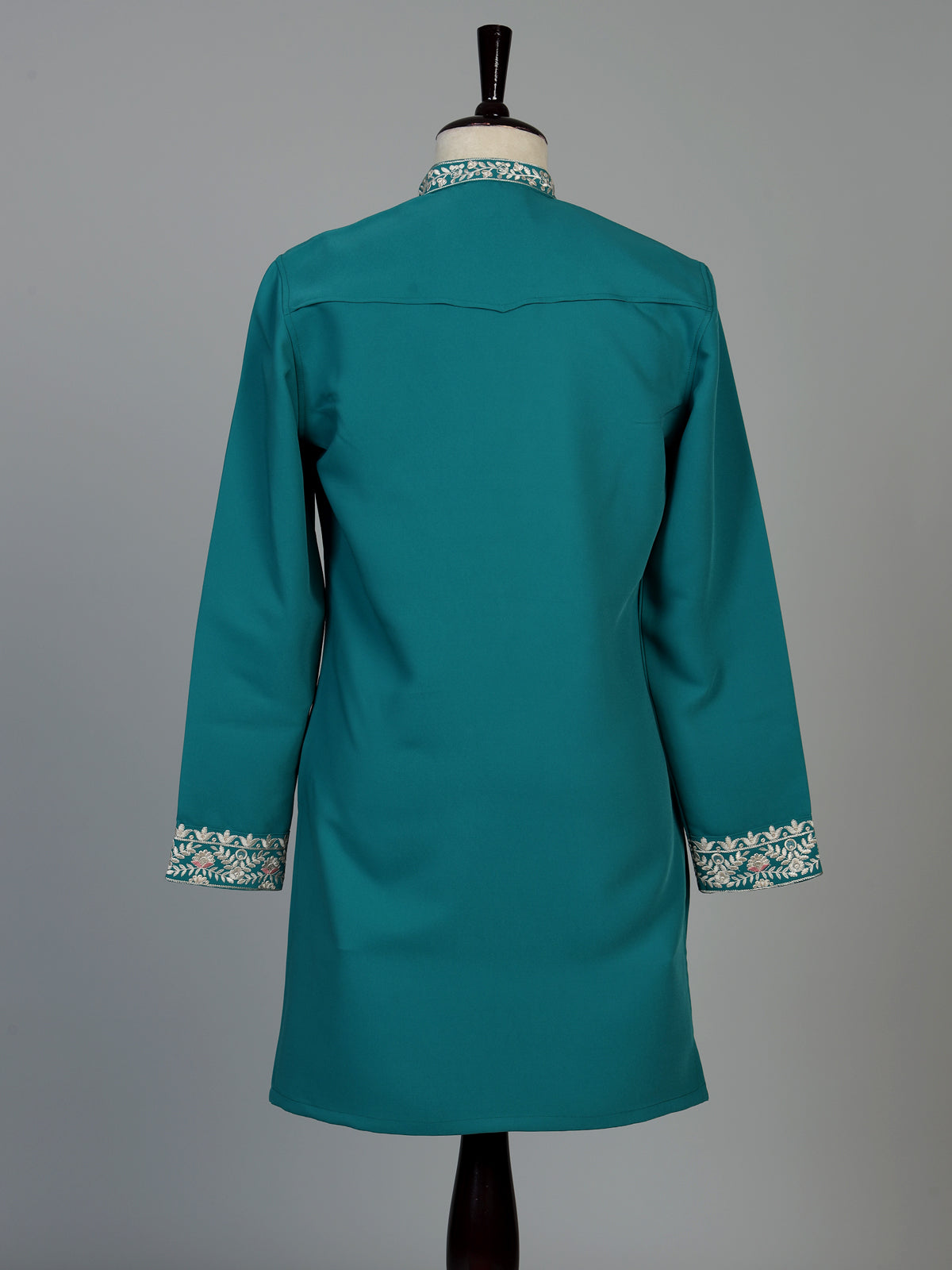 Teal blue silk blend mens kurta pajama with zardosi work