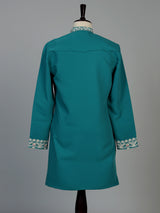 Teal blue silk blend mens kurta pajama with zardosi work