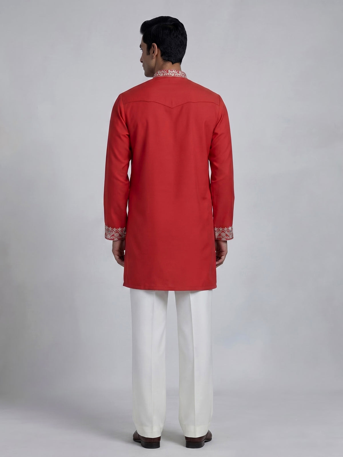 Orange silk blend mens kurta suit with floral neck style