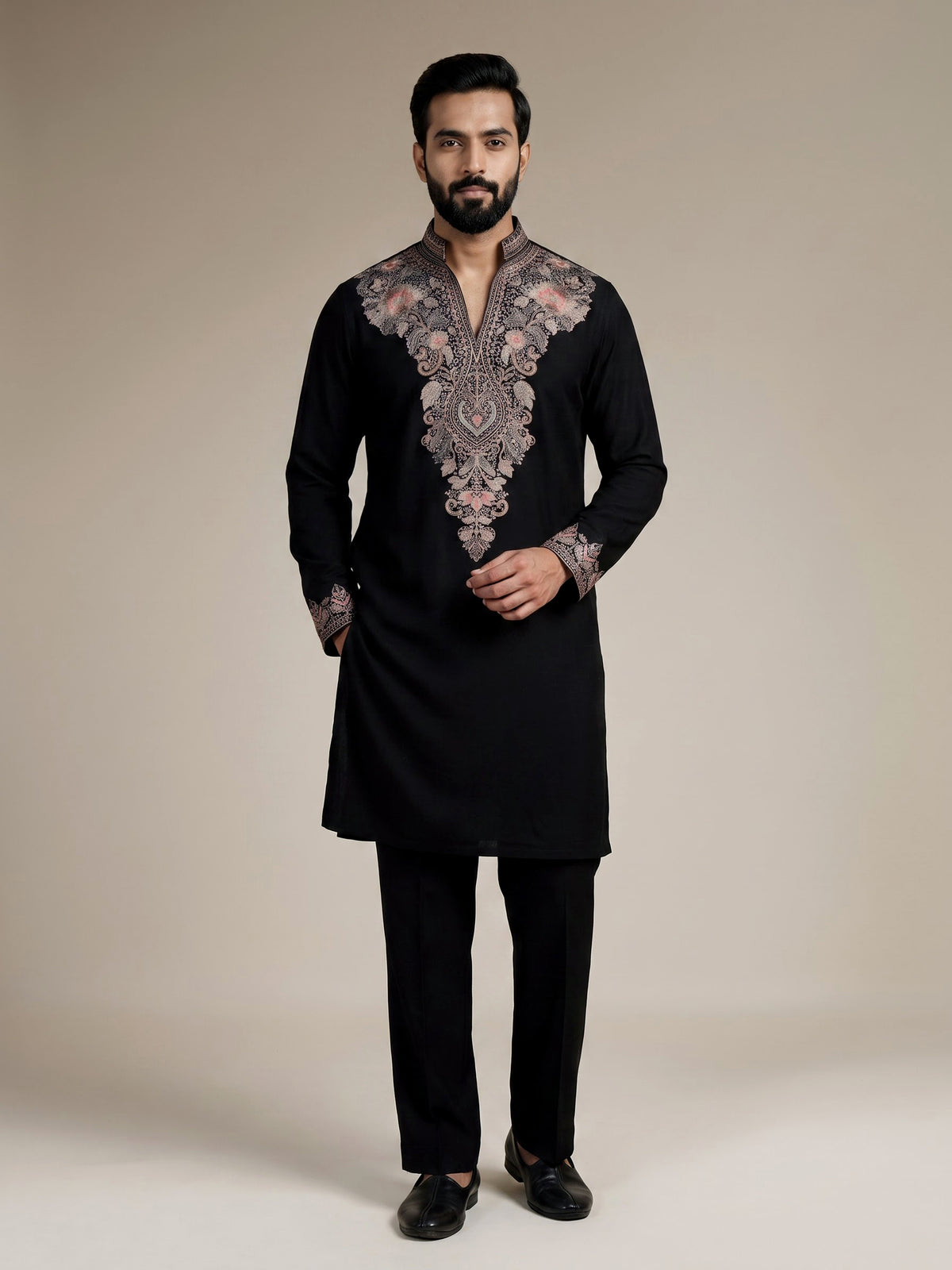 Black silk blend mens kurta pajama with floral work
