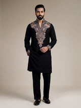 Black silk blend mens kurta pajama with floral work