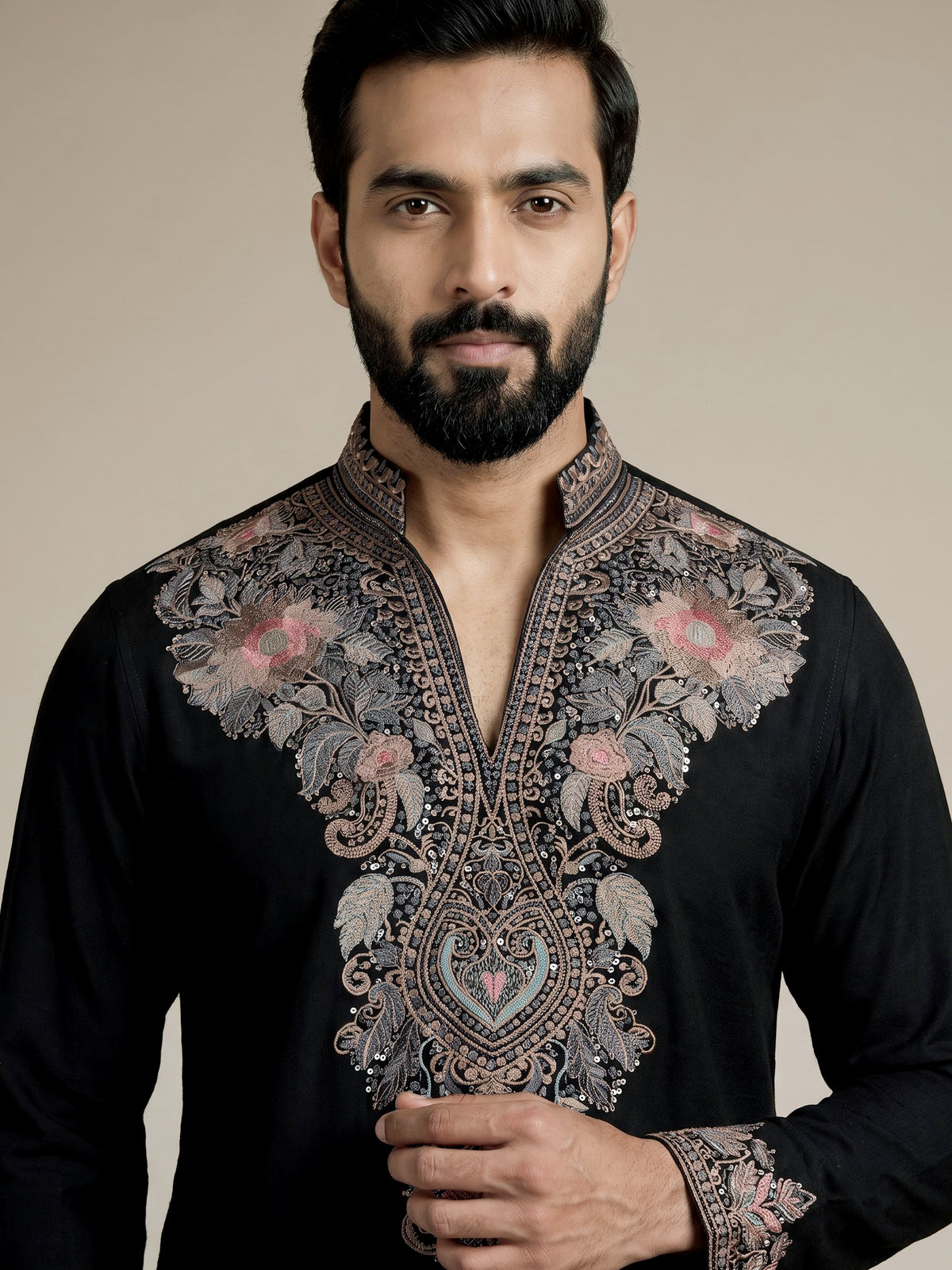 Black silk blend mens kurta pajama with floral work