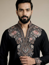 Black silk blend mens kurta pajama with floral work