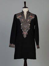 Black silk blend mens kurta pajama with floral work
