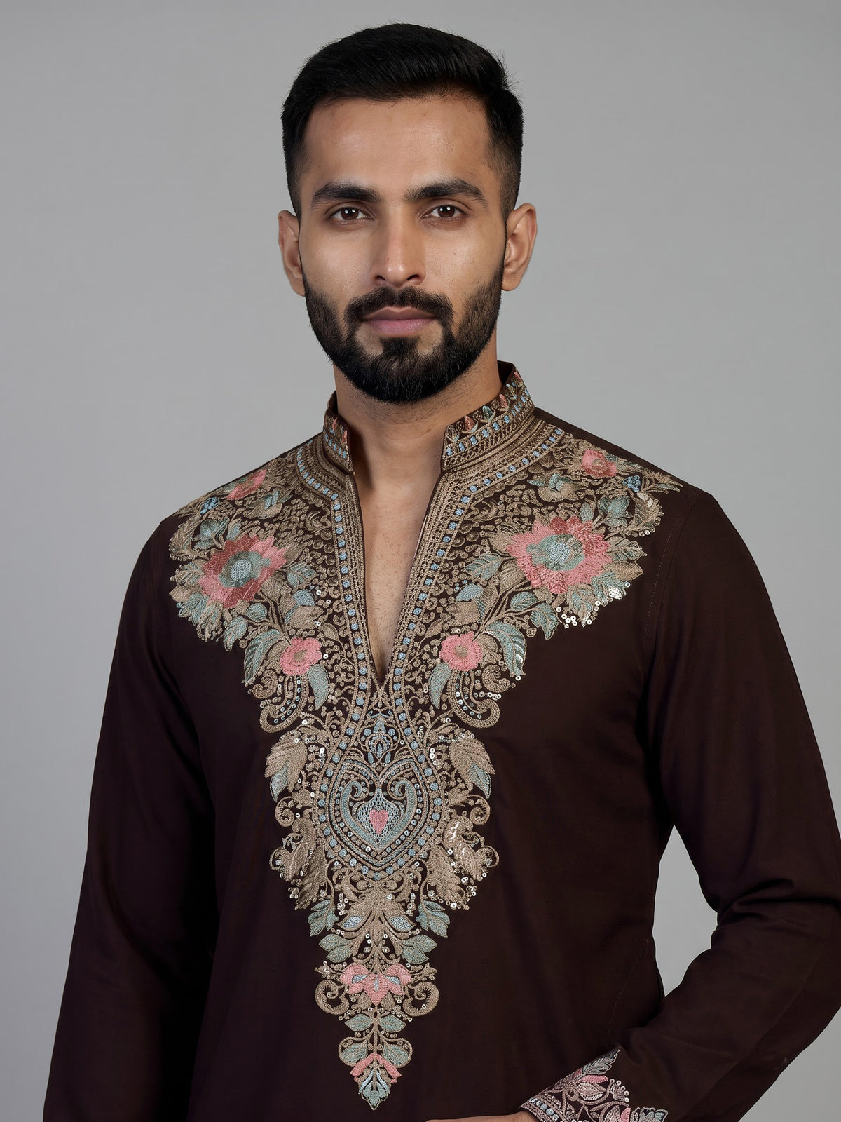Wine silk blend mens kurta suit with kashmiri embroidery