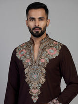 Wine silk blend mens kurta suit with kashmiri embroidery