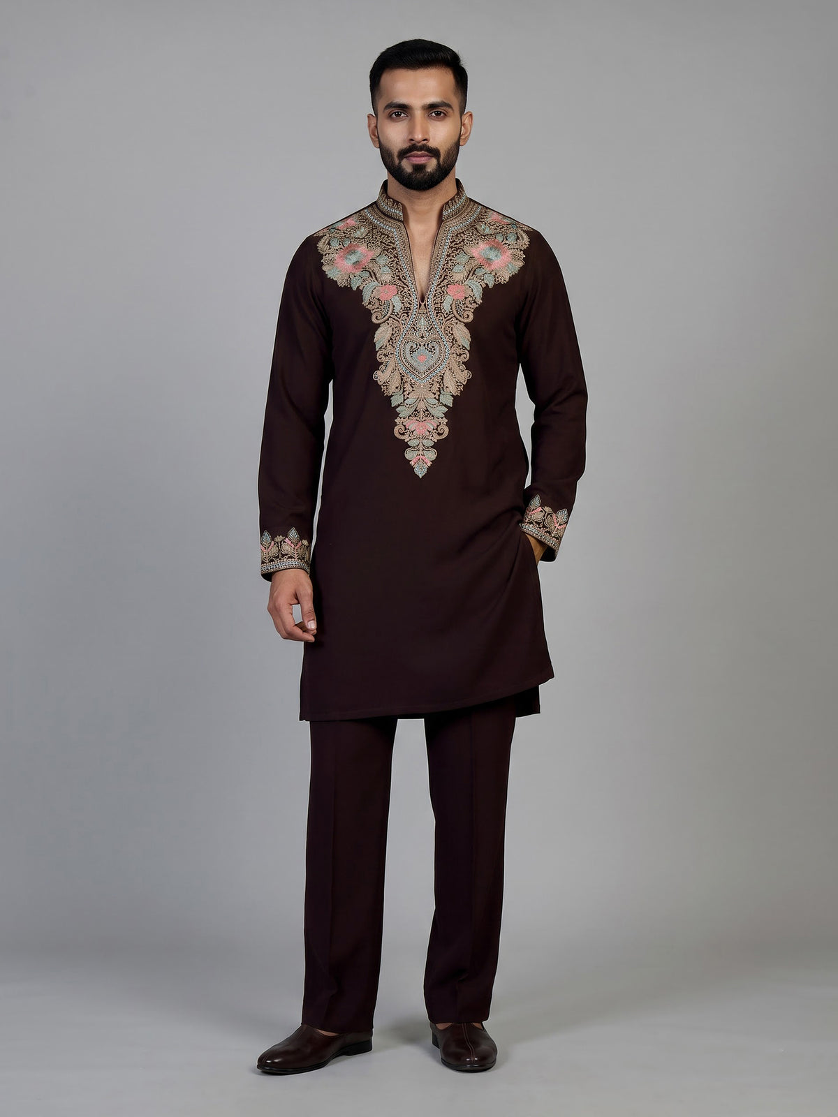 Wine silk blend mens kurta suit with kashmiri embroidery