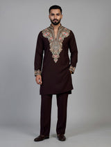 Wine silk blend mens kurta suit with kashmiri embroidery