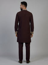 Wine silk blend mens kurta suit with kashmiri embroidery
