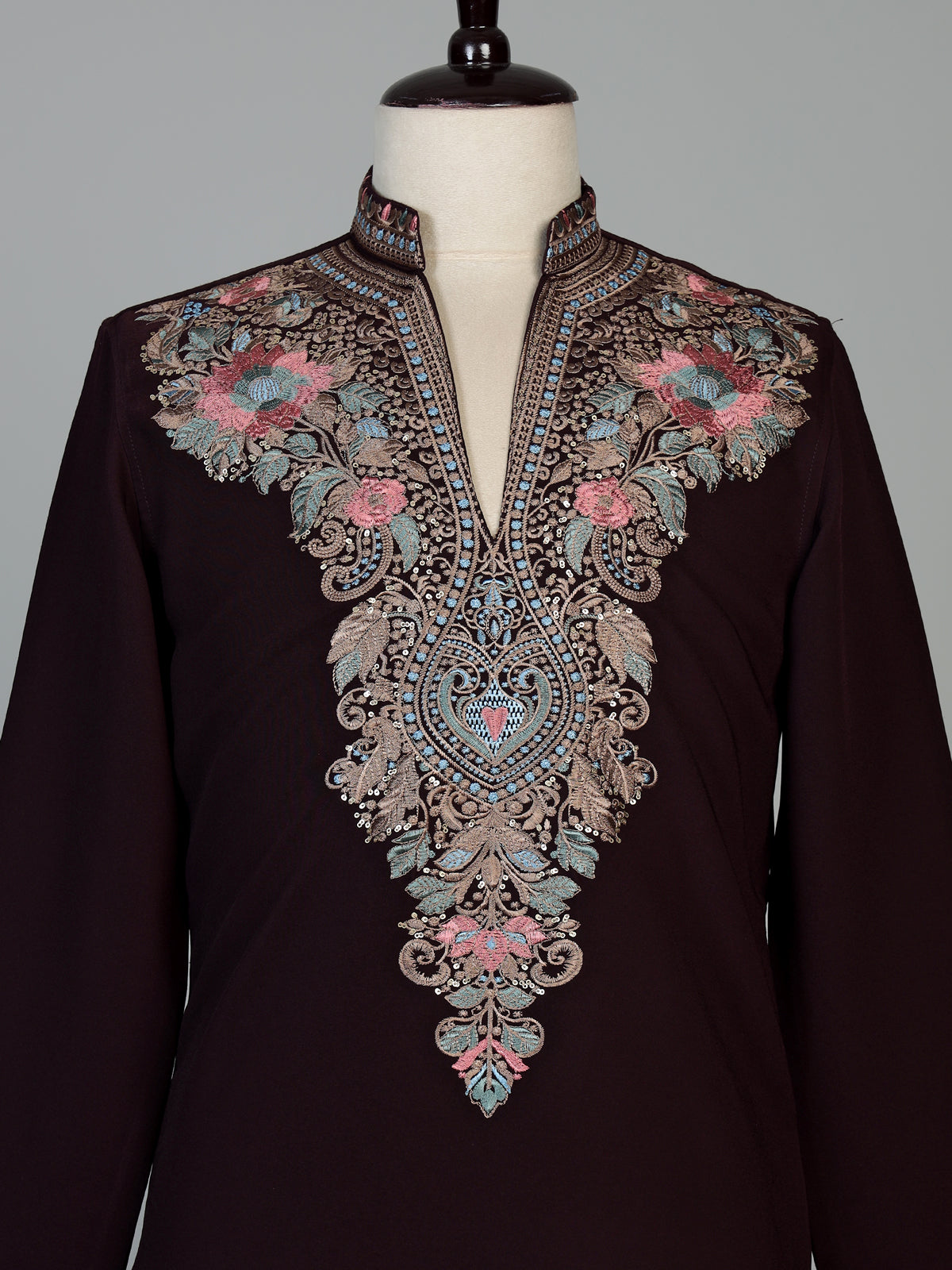 Wine silk blend mens kurta suit with kashmiri embroidery