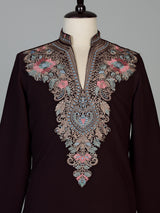 Wine silk blend mens kurta suit with kashmiri embroidery