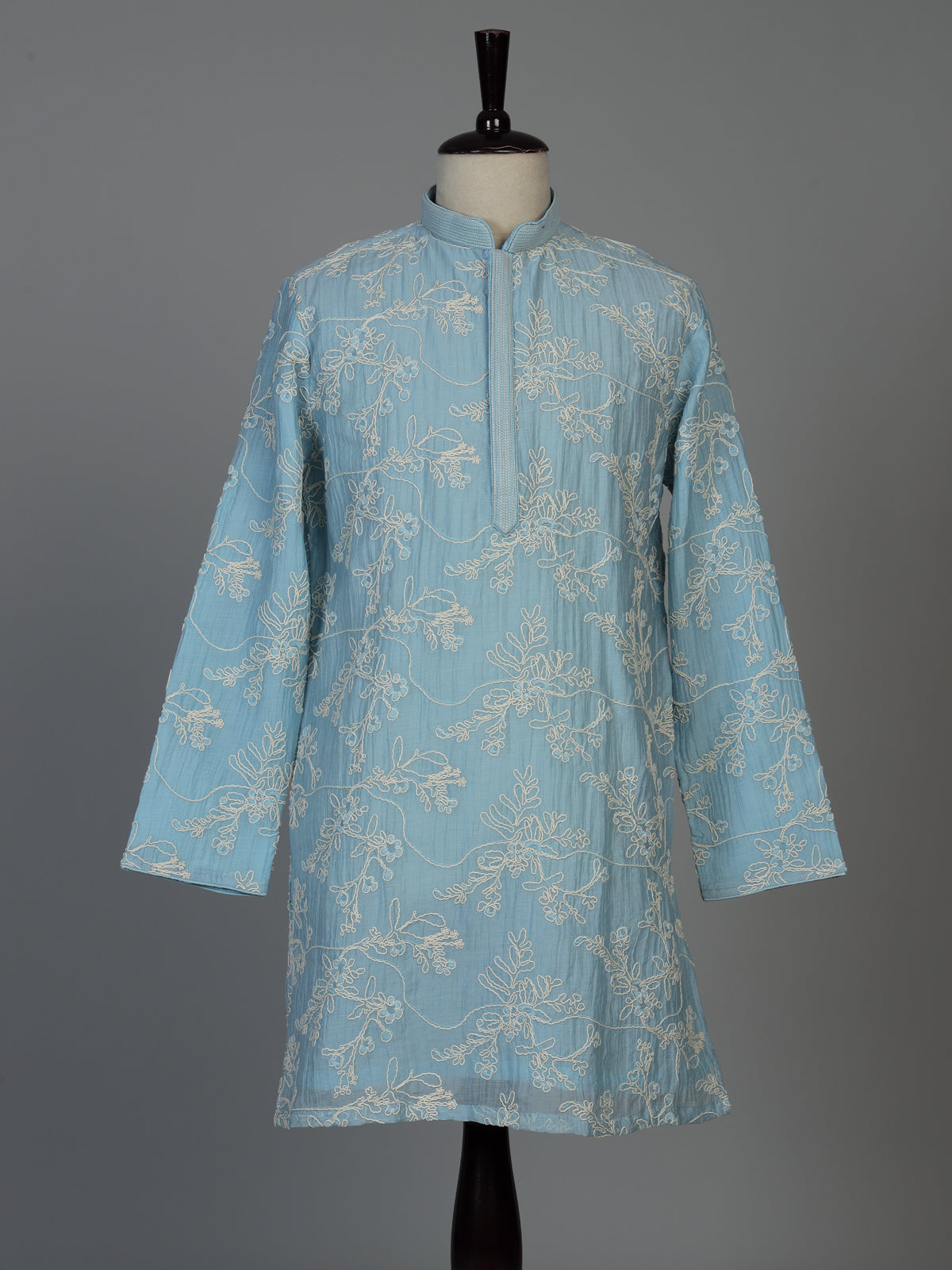 Sky blue Chanderi silk mens kurta pajama with vine embroidery