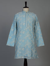 Sky blue Chanderi silk mens kurta pajama with vine embroidery