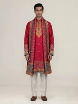 Hot pink silk mens kurta suit with kashmiri jamawar dupatta