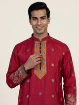 Hot pink silk mens kurta suit with kashmiri jamawar dupatta