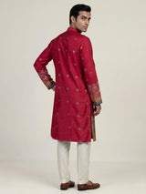 Hot pink silk mens kurta suit with kashmiri jamawar dupatta