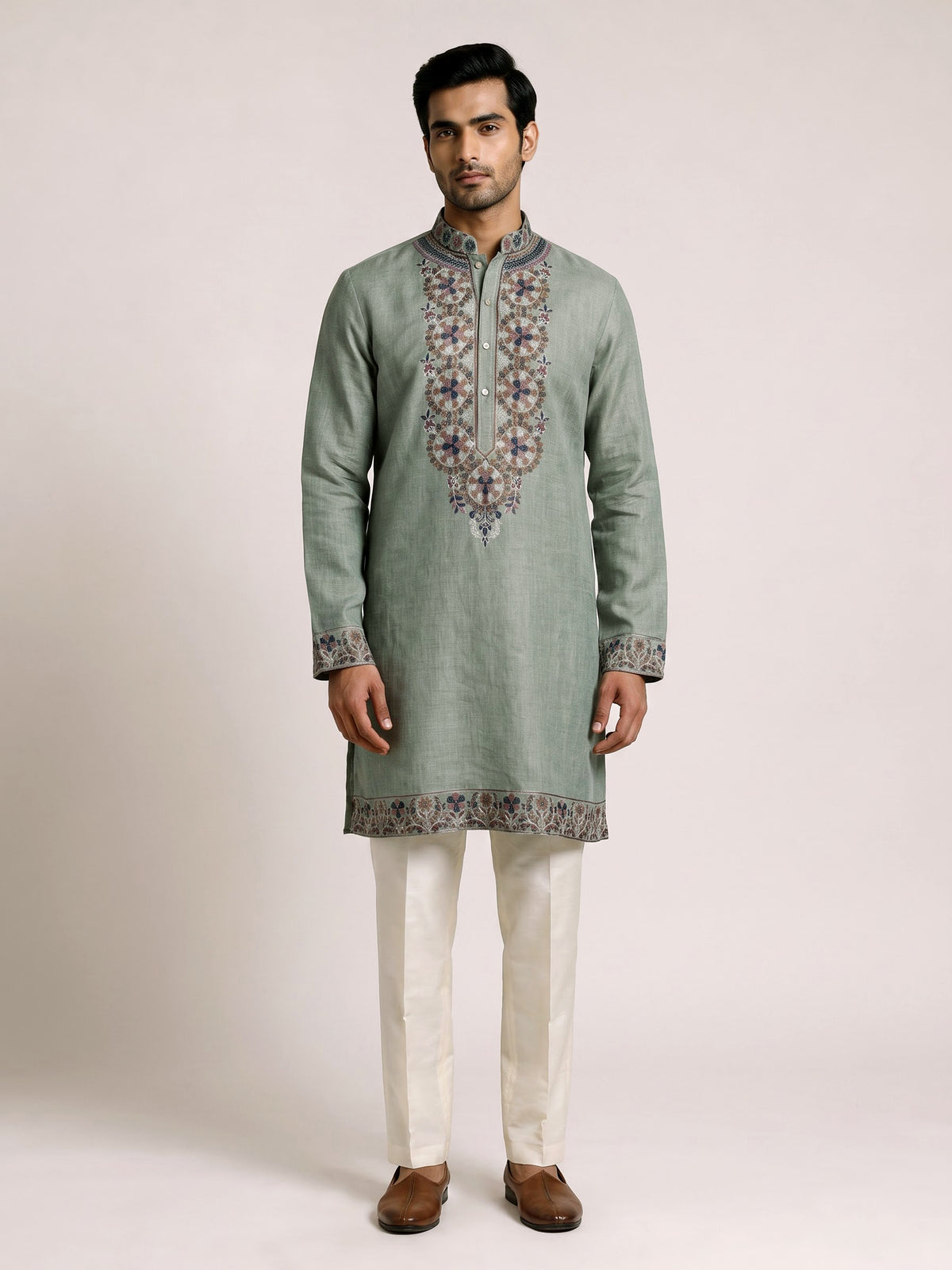 Pista green cotton linen mens kurta pajama with floral yoke