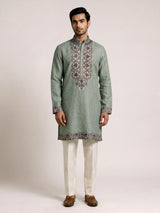 Pista green cotton linen mens kurta pajama with floral yoke
