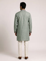 Pista green cotton linen mens kurta pajama with floral yoke