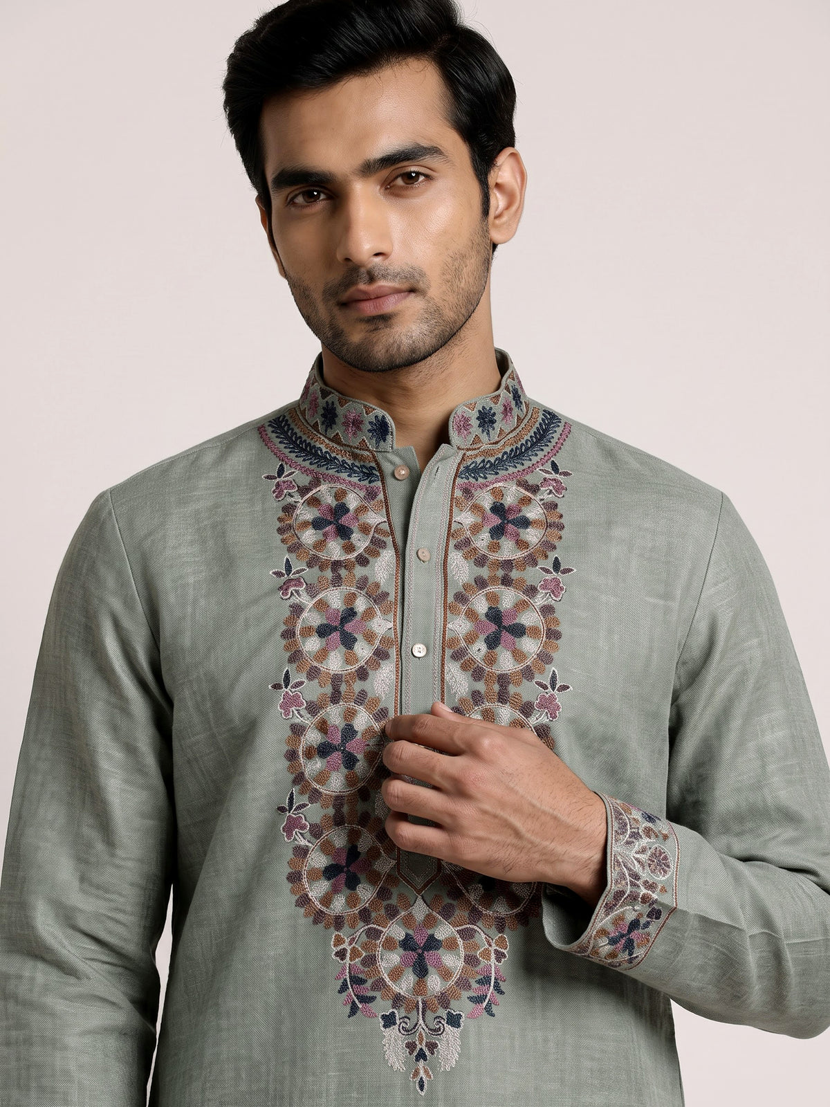 Pista green cotton linen mens kurta pajama with floral yoke