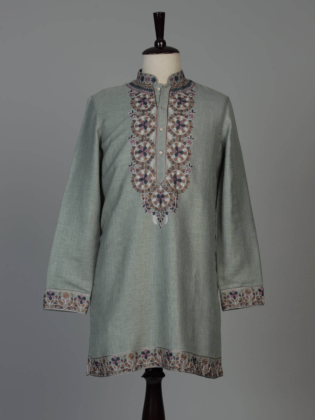 Pista green cotton linen mens kurta pajama with floral yoke