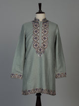 Pista green cotton linen mens kurta pajama with floral yoke