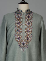 Pista green cotton linen mens kurta pajama with floral yoke