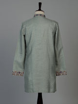 Pista green cotton linen mens kurta pajama with floral yoke