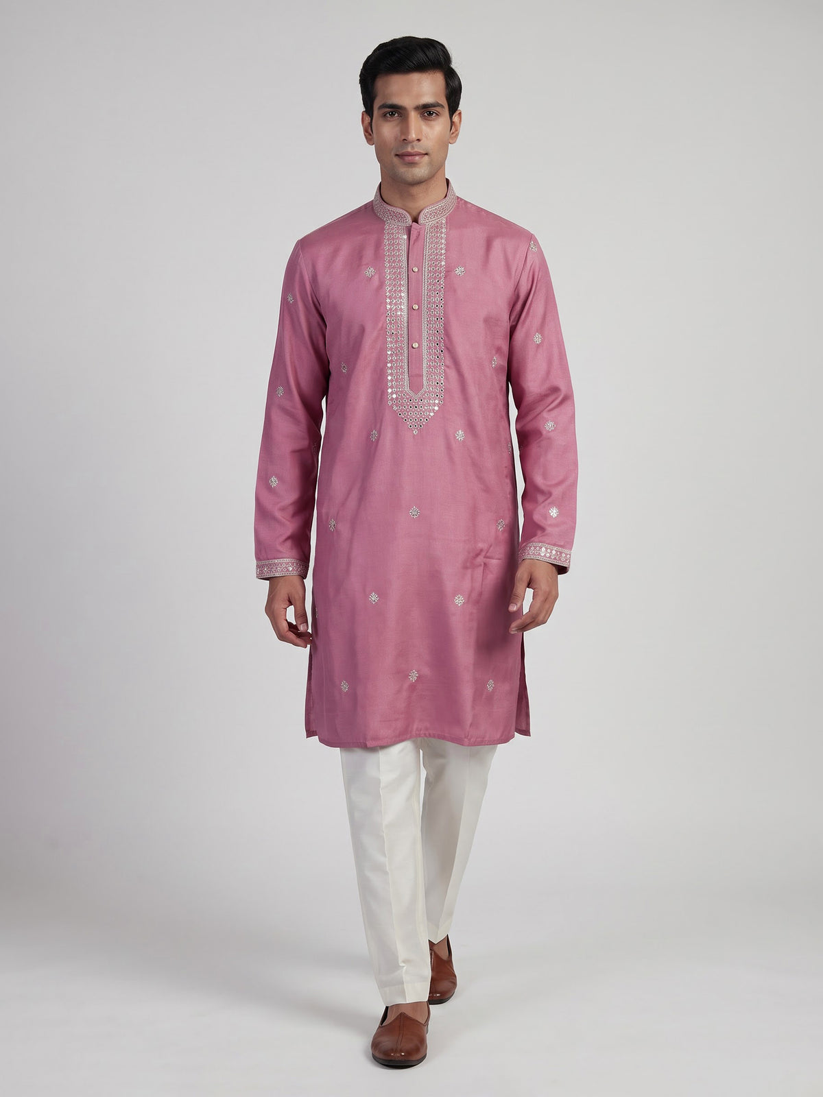 Onion pink Tussar silk mens kurta suit with zari embroidery
