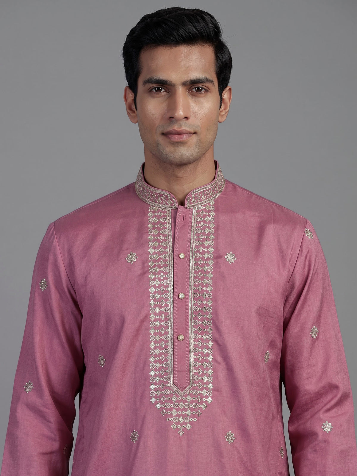 Onion pink Tussar silk mens kurta suit with zari embroidery