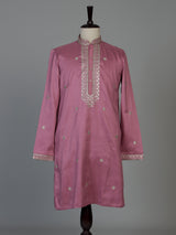 Onion pink Tussar silk mens kurta suit with zari embroidery