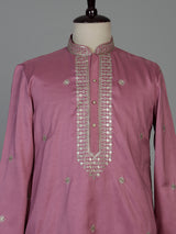Onion pink Tussar silk mens kurta suit with zari embroidery