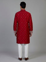 Red Dupion silk mens kurta pajama with zardosi bib